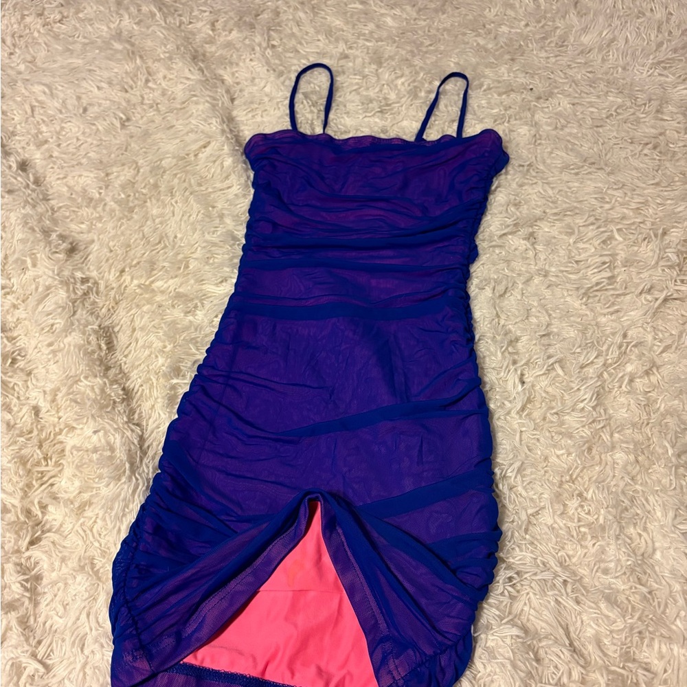 Purple Ruched Dress with Pink Lining